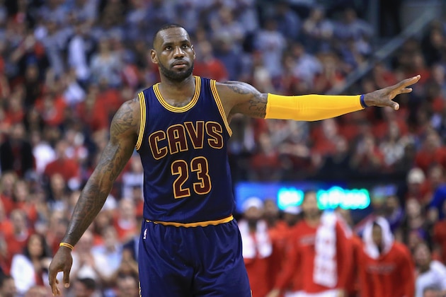 TORONTO, ON - MAY 21:  LeBron James #23 of the Cleveland Cavaliers gestures during the first half against the Toronto Raptors in game three of the Eastern Conference Finals during the 2016 NBA Playoffs at Air Canada Centre on May 21, 2016 in Toronto, Canada.  (Photo by Vaughn Ridley/Getty Images)