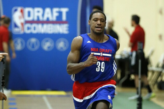 Demetrius Jackson, from Notre Dame, participates in the NBA draft basketball combine, Thursday, May 12, 2016, in Chicago. (AP Photo/Charles Rex Arbogast)