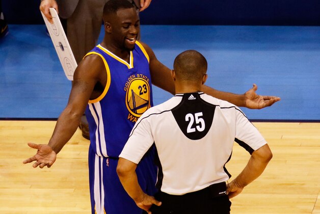 OKLAHOMA CITY, OK - MAY 22:  Draymond Green #23 of the Golden State Warriors argues a call with referee Tony Brothers #25 in the second quarter against the Oklahoma City Thunder in game three of the Western Conference Finals during the 2016 NBA Playoffs at Chesapeake Energy Arena on May 22, 2016 in Oklahoma City, Oklahoma. NOTE TO USER: User expressly acknowledges and agrees that, by downloading and or using this photograph, User is consenting to the terms and conditions of the Getty Images License Agreement.  (Photo by J Pat Carter/Getty Images)