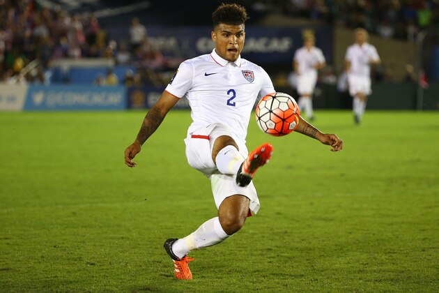 PASADENA, CA - OCTOBER 10:  DeAndre Yedlin #2 of the United States plays the volley during the 2017 FIFA Confederations Cup Qualifying match against Mexico at Rose Bowl on October 10, 2015 in Pasadena, California. Mexico defeated the United States 3-2.  (Photo by Victor Decolongon/Getty Images)