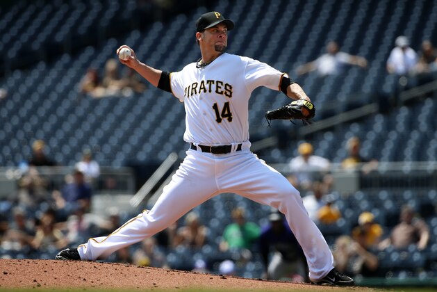 Pittsburgh Pirates starting pitcher Ryan Vogelsong delivers during the first inning of  a baseball game against the Colorado Rockies in Pittsburgh, Monday, May 23, 2016. (AP Photo/Gene J. Puskar)