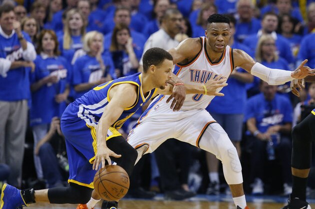 Golden State Warriors guard Stephen Curry (30) tries to drive around Oklahoma City Thunder guard Russell Westbrook (0) during the second half in Game 3 of the NBA basketball Western Conference finals  in Oklahoma City, Sunday, May 22, 2016. (AP Photo/Sue Ogrocki)