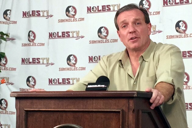Florida State coach Jimbo Fisher discusses the incoming class during an NCAA college football news conference on national signing day, Wednesday, Feb. 3, 2016, in Tallahassee, Fla. (AP Photo/Joe Reedy)