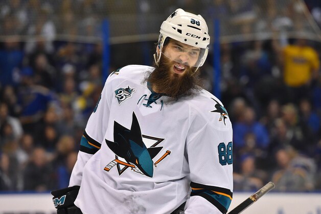 May 15, 2016; St. Louis, MO, USA; San Jose Sharks defenseman Brent Burns (88) looks on in the game against the St. Louis Blues during the first period in game one of the Western Conference Final of the 2016 Stanley Cup Playoffs at Scottrade Center. Mandatory Credit: Jasen Vinlove-USA TODAY Sports