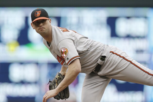 Baltimore Orioles relief pitcher Brian Matusz throws against the Minnesota Twins in the ninth inning of a baseball game Wednesday, May 11, 2016, in Minneapolis.  The Orioles won 9-2. (AP Photo/Jim Mone)