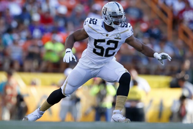 Oakland Raiders defensive end Khalil Mack (52) rushes the passer during the NFL Pro Bowl football game, Sunday, Jan. 31, 2016, in Honolulu.  (Jeff Haynes/AP Images for Panini)