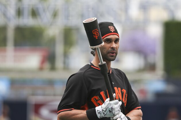 San Francisco Giants' Angel Pagan outside the batting cage prior to a baseball game against the San Diego Padres Tuesday, May 17, 2016, in San Diego.   (AP Photo/Lenny Ignelzi)