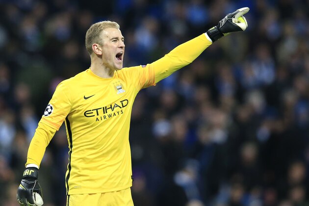 Manchester City's goalkeeper Joe Hart reacts during the Champions League semifinal soccer match between Manchester City and Real Madrid, at the City of Manchester stadium in Manchester, England, Tuesday, April 26, 2016. (AP Photo/Jon Super)
