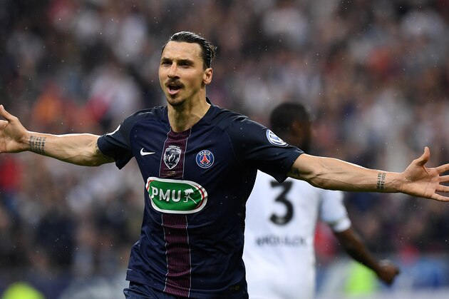 Paris Saint-Germain's Swedish forward Zlatan Ibrahimovic celebrates after scoring a goal during the French Cup final football match beween Marseille (OM) and Paris Saint-Germain (PSG) on May 21, 2016 at the Stade de France in Saint-Denis, north of Paris. AFP PHOTO / FRANCK FIFE / AFP / FRANCK FIFE        (Photo credit should read FRANCK FIFE/AFP/Getty Images)