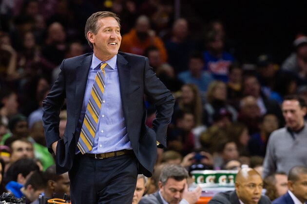 CLEVELAND, OH - JANUARY 27: Jeff Hornacek of the Phoenix Suns reacts while on the sidelines during the first half against the Phoenix Suns at Quicken Loans Arena on January 27, 2016 in Cleveland, Ohio. NOTE TO USER: User expressly acknowledges and agrees that, by downloading and/or using this photograph, user is consenting to the terms and conditions of the Getty Images License Agreement. Mandatory copyright notice. (Photo by Jason Miller/Getty Images)