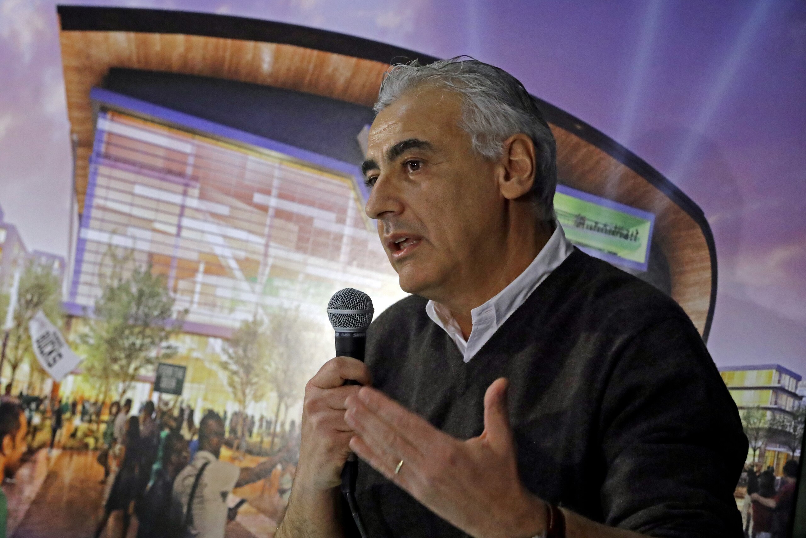 Milwaukee Bucks owner Marc Lasry talks at a news conference before an NBA basketball game against the Indiana Pacers Wednesday, April 13, 2016, in Milwaukee. (AP Photo/Morry Gash)