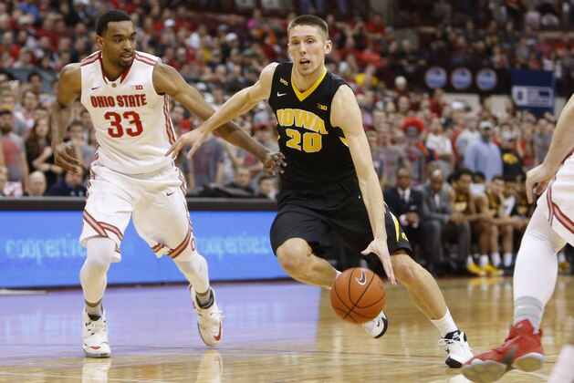 Iowa's Jarrod Uthoff plays against Ohio State during an NCAA college basketball game Sunday, Feb. 28, 2016, in Columbus, Ohio. (AP Photo/Jay LaPrete)