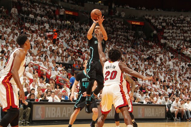 MIAMI, FL - MAY 1:  Courtney Lee #1 of the Charlotte Hornets shoots the ball against the Miami Heat in Game Seven of the Eastern Conference Quarterfinals during the 2016 NBA Playoffs on May 1, 2016 at American Airlines Arena in Miami, Florida. NOTE TO USER: User expressly acknowledges and agrees that, by downloading and or using this Photograph, user is consenting to the terms and conditions of the Getty Images License Agreement. Mandatory Copyright Notice: Copyright 2016 NBAE (Photo by Issac Baldizon/NBAE via Getty Images)
