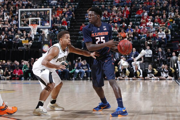 INDIANAPOLIS, IN - MARCH 11: Kendrick Nunn #25 of the Illinois Fighting Illini handles the ball against P.J. Thompson #3 of the Purdue Boilermakers in the quarterfinal round of the Big Ten Basketball Tournament at Bankers Life Fieldhouse on March 11, 2016 in Indianapolis, Indiana. Purdue defeated Illinois 89-58. (Photo by Joe Robbins/Getty Images)