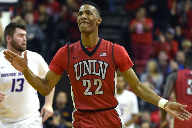 LAS VEGAS, NV - JANUARY 27:  Patrick McCaw #22 of the UNLV Rebels reacts after hitting a 3-pointer against the Boise State Broncos during their game at the Thomas & Mack Center on January 27, 2016 in Las Vegas, Nevada. UNLV won 87-77.  (Photo by Ethan Miller/Getty Images)