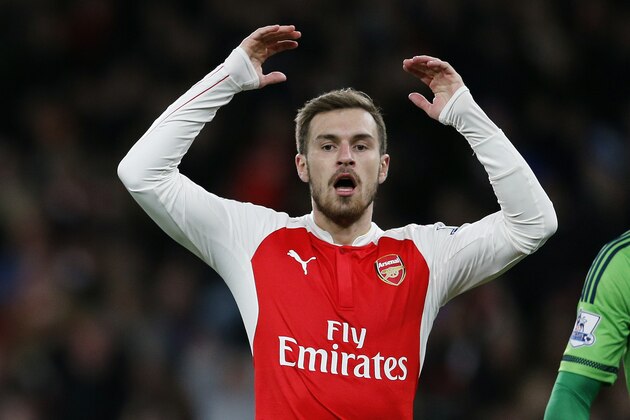 Arsenal's Aaron Ramsey gestures during the English Premier League soccer match between Arsenal and Southampton at the Emirates stadium in London, Tuesday, Feb. 2, 2016.(AP Photo/Frank Augstein)