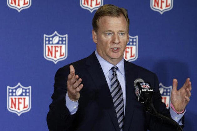 NFL commissioner Roger Goodell answers reporter's questions following a vote that awarded the Super Bowl to Atlanta (2019), Miami (2020) and Los Angeles (2021) at the NFL owner's meeting in Charlotte N.C., Tuesday, May 24, 2016. (AP Photo/Bob Leverone)