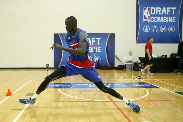 Thon Maker, from Orangeville Prep-Athlete Institute, participates in the NBA draft basketball combine Friday, May 13, 2016, in Chicago. (AP Photo/Charles Rex Arbogast)