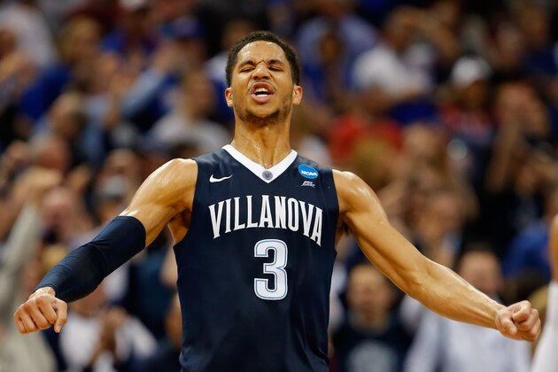 LOUISVILLE, KY - MARCH 26:  Josh Hart #3 of the Villanova Wildcats reacts in the second half against the Kansas Jayhawks during the 2016 NCAA Men's Basketball Tournament South Regional at KFC YUM! Center on March 26, 2016 in Louisville, Kentucky.  (Photo by Kevin C. Cox/Getty Images)