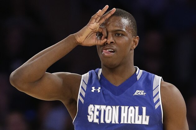 Seton Hall guard Isaiah Whitehead reacts after hitting a 3-point shot in the second half of an NCAA college basketball game against Xavier during the semifinals of the Big East men's tournament, Friday, March 11, 2016, in New York. Seton Hall won 87-83. (AP Photo/Julie Jacobson)