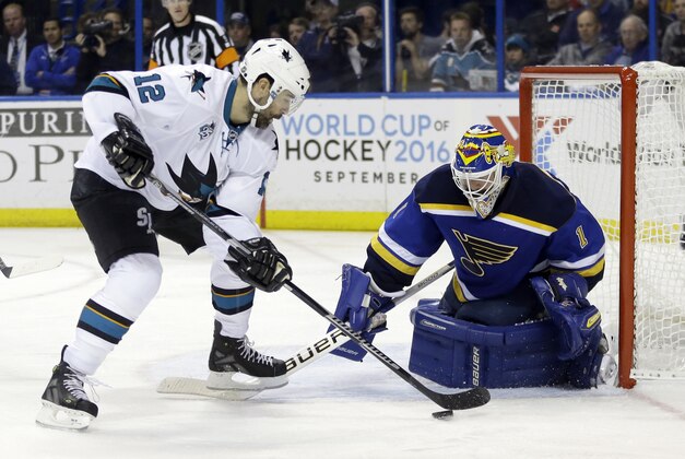San Jose Sharks center Patrick Marleau (12) tries to take a shot against St. Louis Blues goalie Brian Elliott (1) during the third period in Game 2 of the NHL hockey Stanley Cup Western Conference finals, Tuesday, May 17, 2016, in St. Louis. (AP Photo/Jeff Roberson)