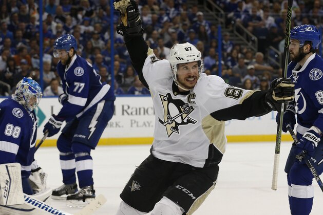 May 24, 2016; Tampa, FL, USA; Pittsburgh Penguins center Sidney Crosby (87) reacts as he scores a goal against the Tampa Bay Lightning during the second period of game six of the Eastern Conference Final of the 2016 Stanley Cup Playoffs at Amalie Arena. Mandatory Credit: Kim Klement-USA TODAY Sports