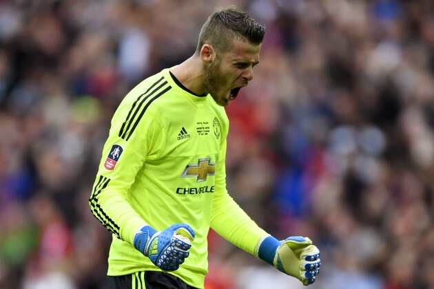 LONDON, ENGLAND - MAY 21:  David De Gea of Manchester United celebrates as Juan Mata of Manchester United scores their first goal during The Emirates FA Cup Final match between Manchester United and Crystal Palace at Wembley Stadium on May 21, 2016 in London, England.  (Photo by Mike Hewitt/Getty Images)