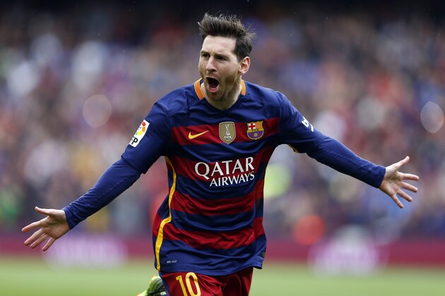 FC Barcelona's Lionel Messi reacts after scoring during a Spanish La Liga soccer match between FC Barcelona and Espanyol at the Camp Nou stadium in Barcelona, Spain, Sunday, May 8, 2016. (AP Photo/Manu Fernandez)