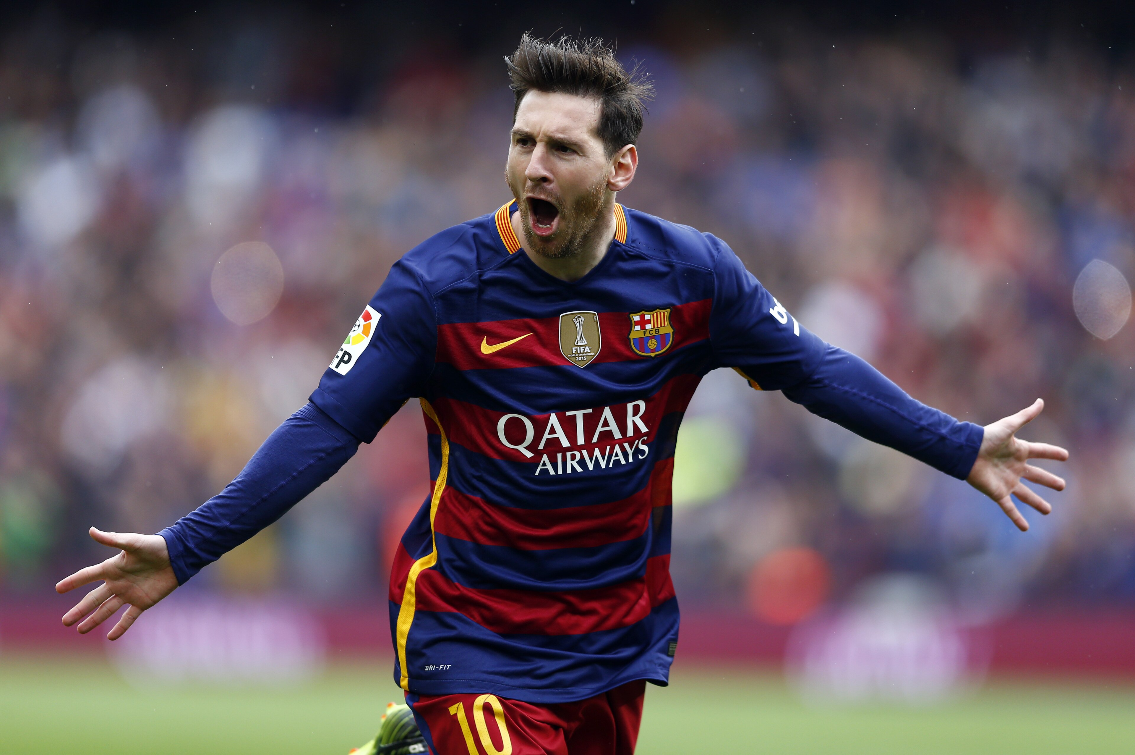 FC Barcelona's Lionel Messi reacts after scoring during a Spanish La Liga soccer match between FC Barcelona and Espanyol at the Camp Nou stadium in Barcelona, Spain, Sunday, May 8, 2016. (AP Photo/Manu Fernandez)