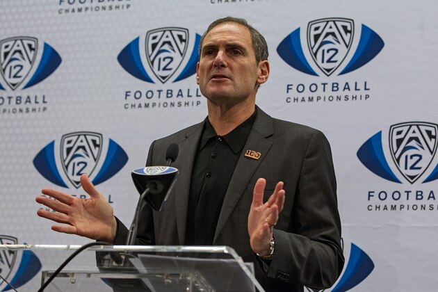SANTA CLARA, CA - DECEMBER 05:  Pac-12 Commissioner Larry Scott speaks during a press conference before the Pac-12 Championship game between the Stanford Cardinal and the USC Trojans at Levi's Stadium on December 5, 2015 in Santa Clara, California. The Stanford Cardinal defeated the USC Trojans 41-22. (Photo by Jason O. Watson/Getty Images)