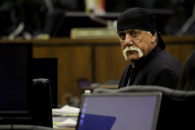 Hulk Hogan sits in court before the start of his trial Thursday, March 17, 2016, in St. Petersburg, Fla. Hogan, whose given name is Terry Bollea, and his attorneys are suing Gawker Media for $100 million, saying his privacy was violated, and he suffered emotional distress after Gawker posted a sex tape of Hogan and his then-best friend's wife. (Dirk Shadd/The Tampa Bay Times via AP, Pool)