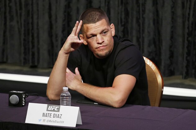Mixed martial arts fighter Nate Diaz attends a news conference for UFC 200, Friday, April 22, 2016, in Las Vegas. (AP Photo/John Locher)