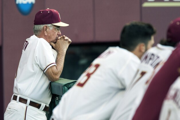Florida State head coach Mike Martin watches as his team beat Mercer 5-4 in 10 innings of a game at the Tallahassee Regional of the NCAA college baseball tournament in Tallahassee, Fla., Friday, May 29, 2015. (AP Photo/Mark Wallheiser)