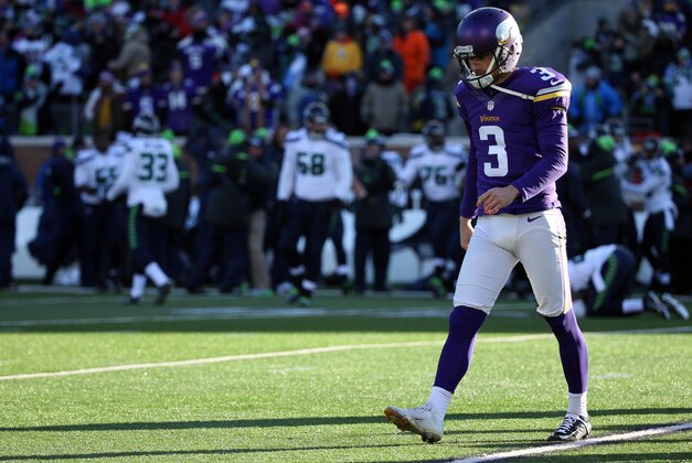 Jan 10, 2016; Minneapolis, MN, USA; Minnesota Vikings kicker Blair Walsh (3) reacts after missing a field goal attempt against the Seattle Seahawks in the fourth quarter of a NFC Wild Card playoff football game at TCF Bank Stadium. Mandatory Credit: Brace Hemmelgarn-USA TODAY Sports