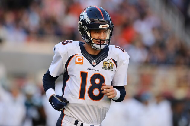 Denver Broncos QB Peyton Manning #18 is seen against the Carolina Panthers during the NFL Super Bowl 50 football game Sunday, Feb. 7, 2016, in Santa Clara, Calif.  (AP Photo/Gregory Payan)