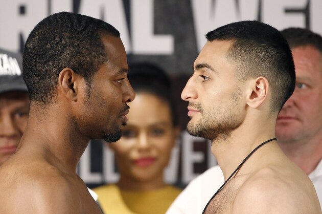Boxers Shane Mosley, Sr., left, David Avanesyan, right, face off as they pose for photographers during a news conference Tuesday, May 24, 2016, in Glendale, Ariz., promoting the interim WBA welterweight title fight scheduled for Saturday. (AP Photo/Ross D. Franklin) Boxers Shane Mosley, Sr., left, David Avanesyan, right, face off as they pose for photographers during a news conference Tuesday, May 24, 2016, in Glendale, Ariz., promoting the interim WBA welterweight title fight scheduled for Saturday. (AP Photo/Ross D. Franklin)