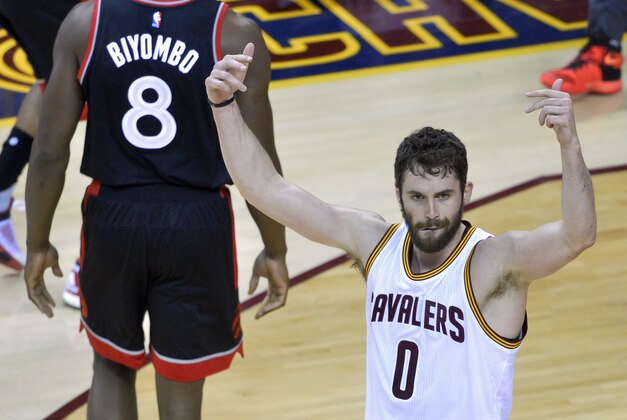 May 25, 2016; Cleveland, OH, USA; Cleveland Cavaliers forward Kevin Love (0) reacts in the first quarter against the Toronto Raptors in game five of the Eastern conference finals of the NBA Playoffs at Quicken Loans Arena. Mandatory Credit: David Richard-USA TODAY Sports