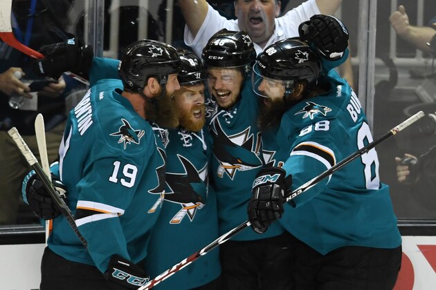 SAN JOSE, CA - MAY 25:  Joe Pavelski #8 of the San Jose Sharks celebrates his goal against the St. Louis Blues with Joe Thornton #19, Brent Burns #88 and Tomas Hertl #48 in Game Six of the Western Conference Final during the 2016 NHL Stanley Cup Playoffs at SAP Center on May 25, 2016 in San Jose, California.  (Photo by Thearon W. Henderson/Getty Images)