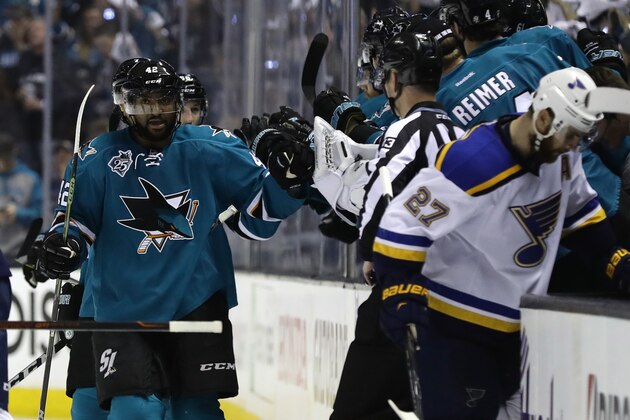 SAN JOSE, CA - MAY 25:  Joel Ward #42 of the San Jose Sharks celebrates his goal with teammates in Game Six of the Western Conference Final against the St. Louis Blues during the 2016 NHL Stanley Cup Playoffs at SAP Center on May 25, 2016 in San Jose, California.  (Photo by Ezra Shaw/Getty Images)