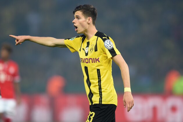 Dortmund's midfielder Julian Weigl reacts  during during  the German Cup (DFB Pokal) final football match Bayern Munich vs Borussia Dortmund at the Olympic stadium in Berlin on May 21, 2016. / AFP / CHRISTOF STACHE / RESTRICTIONS: ACCORDING TO DFB RULES IMAGE SEQUENCES TO SIMULATE VIDEO IS NOT ALLOWED DURING MATCH TIME. MOBILE (MMS) USE IS NOT ALLOWED DURING AND FOR FURTHER TWO HOURS AFTER THE MATCH. == RESTRICTED TO EDITORIAL USE == FOR MORE INFORMATION CONTACT DFB DIRECTLY AT +49 69 67880

 /         (Photo credit should read CHRISTOF STACHE/AFP/Getty Images)