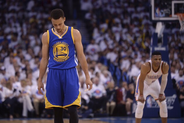 May 24, 2016; Oklahoma City, OK, USA; Golden State Warriors guard Stephen Curry (30) reacts during the first quarter against the Oklahoma City Thunder in game four of the Western conference finals of the NBA Playoffs at Chesapeake Energy Arena. Mandatory Credit: Mark D. Smith-USA TODAY Sports