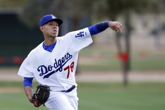Feb 23, 2015; Glendale, AZ, USA; Los Angeles Dodgers pitcher Julio Urias (78) throws in the bullpen during camp at Camelback Ranch. Mandatory Credit: Rick Scuteri-USA TODAY Sports