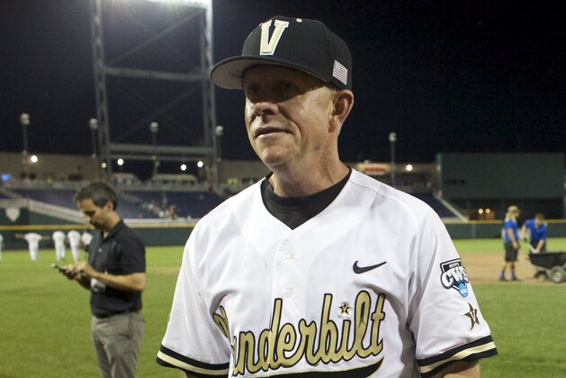 Jun 19, 2015; Omaha, NE, USA; Vanderbilt Commodores head coach Tim Corbin leaves the field after defeating the TCU Horned Frogs in the 2015 College World Series at TD Ameritrade Park. Vanderbilt won 7-1. Mandatory Credit: Bruce Thorson-USA TODAY Sports Jun 19, 2015; Omaha, NE, USA; Vanderbilt Commodores head coach Tim Corbin leaves the field after defeating the TCU Horned Frogs in the 2015 College World Series at TD Ameritrade Park. Vanderbilt won 7-1. Mandatory Credit: Bruce Thorson-USA TODAY Sports