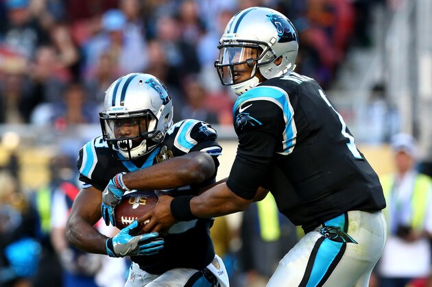 SANTA CLARA, CA - FEBRUARY 07:  Cam Newton #1 of the Carolina Panthers hands the ball off to  Jonathan Stewart #28 of the Carolina Panthers in the first half against the Denver Broncos during Super Bowl 50 at Levi's Stadium on February 7, 2016 in Santa Clara, California.  (Photo by Ronald Martinez/Getty Images)