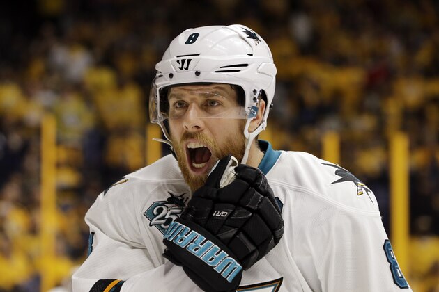 San Jose Sharks center Joe Pavelski yells to a teammate during the second period in Game 4 of an NHL hockey Stanley Cup Western Conference semifinal playoff series against the Nashville Predators Thursday, May 5, 2016, in Nashville, Tenn. (AP Photo/Mark Humphrey)