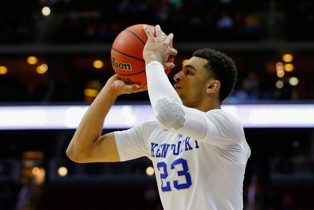 DES MOINES, IA - MARCH 17: Jamal Murray #23 of the Kentucky Wildcats attempts a 3-point basket against the Stony Brook Seawolves in the second half during the first round of the 2016 NCAA Men's Basketball Tournament at Wells Fargo Arena on March 17, 2016 in Des Moines, Iowa.  (Photo by Kevin C. Cox/Getty Images)
