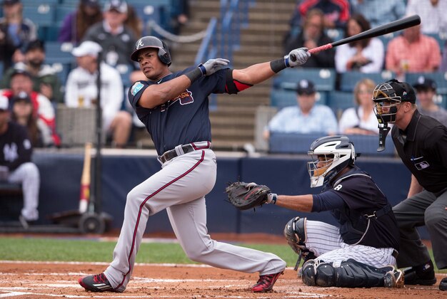 Mar 19, 2016; Tampa, FL, USA; Atlanta Braves left fielder Hector Olivera (28) bats against the New York Yankees during the game at George M. Steinbrenner Field. The Yankees defeat the Braves 3-2. Mandatory Credit: Jerome Miron-USA TODAY Sports