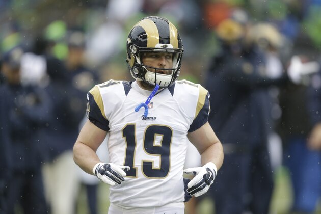 St. Louis Rams' Wes Welker runs during warmups before an NFL football game against the Seattle Seahawks, Sunday, Dec. 27, 2015, in Seattle. (AP Photo/Stephen Brashear)
