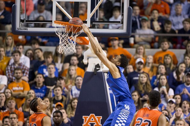 Kentucky forward Skal Labissiere (1) dunks the ball against Auburn during the second half of an NCAA college basketball game, Saturday, Jan. 16, 2016, in Auburn, Ala. Auburn won 75-70. (AP Photo/Brynn Anderson)