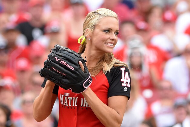 CINCINNATI, OH - JULY 12:  Jennie Finch looks on during the 2015 MLB All-Star Legends & Celebrity Softball Game at Great American Ball Park on July 12, 2015 in Cincinnati, Ohio.  (Photo by Mark Cunningham/MLB Photos via Getty Images)